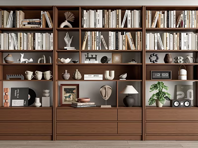 Wooden Bookcase With Books Decorative Sculptures Framed Photos And Potted Plant 3d model