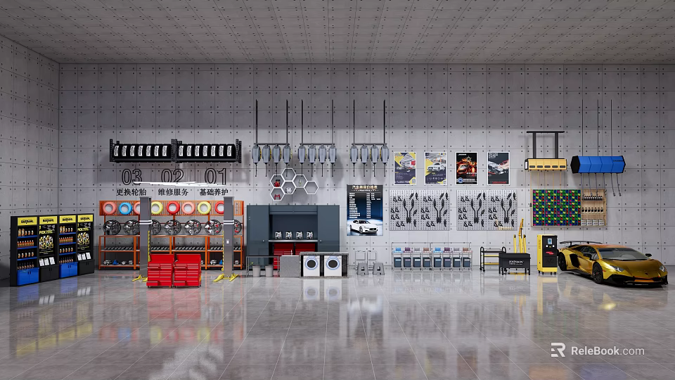 Various Hardware Tools Display In Modern Store Interior With Wall Mounted Racks And Shelves 3d model