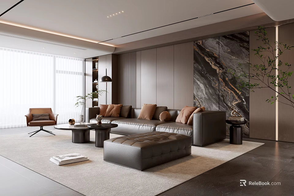 Modern Living Room With Gray Sofa Brown Cushions And Marble Accent Wall 3d model 