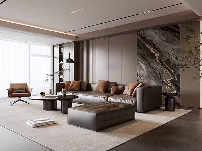 Modern Living Room With Gray Sofa Brown Cushions And Marble Accent Wall 3d model