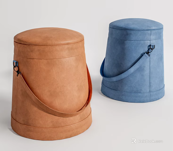 Brown and Blue Round Sofa Stools with Leather Like Texture and Carry Straps 3d model 