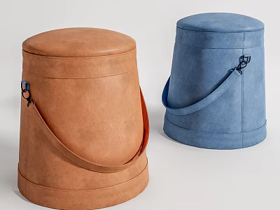 Brown and Blue Round Sofa Stools with Leather Like Texture and Carry Straps 3d model