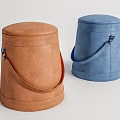 Brown and Blue Round Sofa Stools with Leather Like Texture and Carry Straps