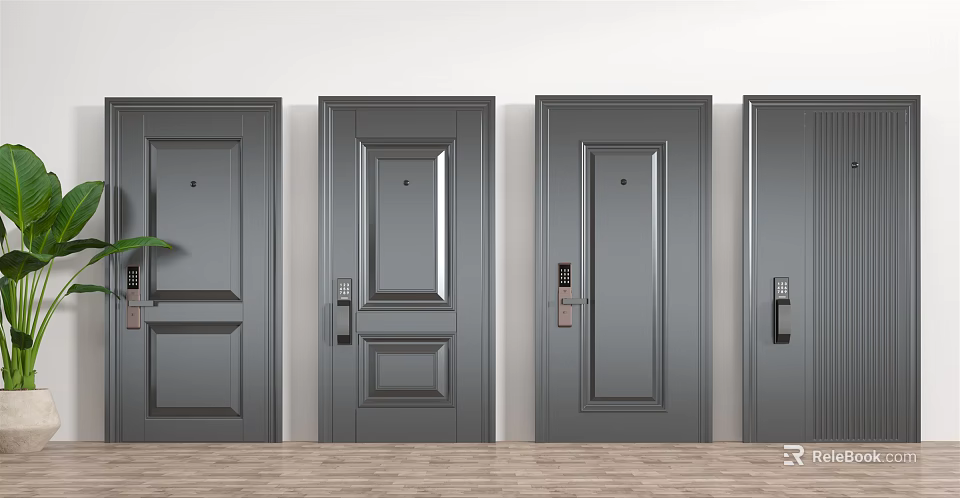 Modern Gray Swing Doors With Various Panel Designs And Handles For Interior Use 3d model