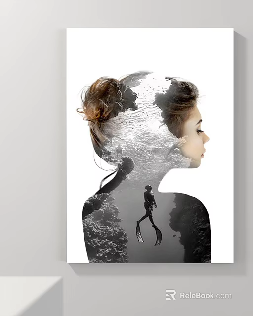 Portrait Painting Of Female Profile With Double Exposure Underwater Scene And Scuba Diver 3d model 