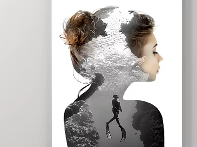 Portrait Painting Of Female Profile With Double Exposure Underwater Scene And Scuba Diver 3d model