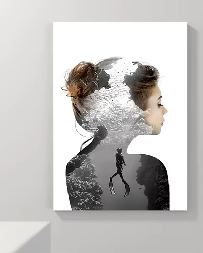 Portrait Painting Of Female Profile With Double Exposure Underwater Scene And Scuba Diver 3d model