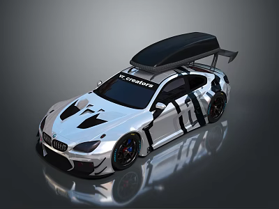 Custom Race Car With Black Roof Rack Rear Spoiler And Black White Graphics 3d model