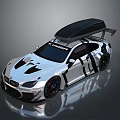 Custom Race Car With Black Roof Rack Rear Spoiler And Black White Graphics
