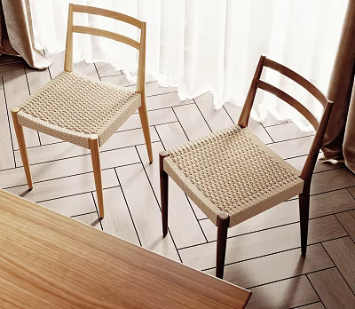 Woven Seat Leisure Chairs with Light and Dark Wooden Frames in Home Interior 3d model