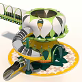 Colorful Playground Structure With Spiral Slide And Carousel Like Top Design