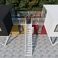 Multi Colored Container Building Design With Balcony Staircase And Green Lawn 3d model