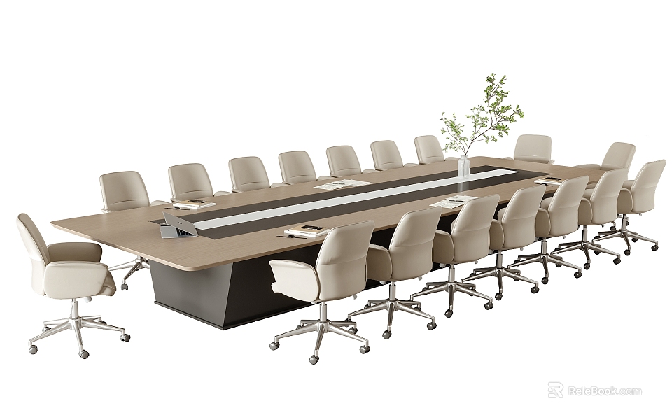 Modern Long Office Conference Table With Light Colored Wheeled Chairs And Potted Plant 3d model 