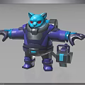 Blue Cat Character In Purple Armor With Red Eyes And Mechanical Device