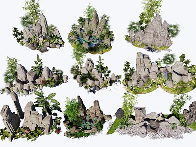 Natural Stone and Wood Rock Formations With Green Plants For Garden Landscaping Design 3d model