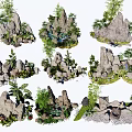 Natural Stone and Wood Rock Formations With Green Plants For Garden Landscaping Design