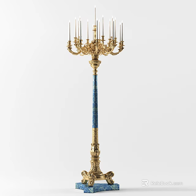 Ornate Golden Floor Lamp With Multiple Arms And Blue Decorative Column For Elegant Home Lighting 3d model 