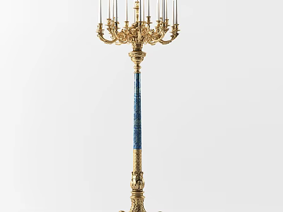 Ornate Golden Floor Lamp With Multiple Arms And Blue Decorative Column For Elegant Home Lighting 3d model