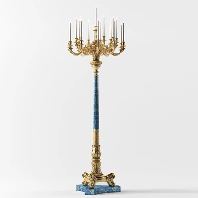 Ornate Golden Floor Lamp With Multiple Arms And Blue Decorative Column For Elegant Home Lighting 3d model