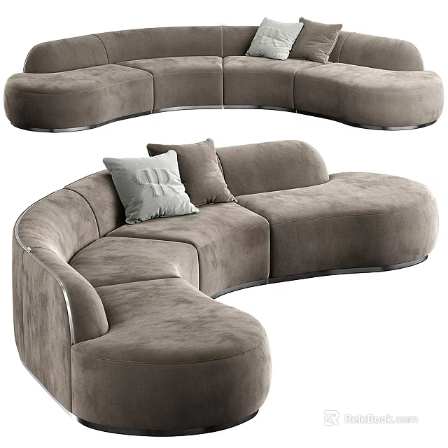 Modern Curved Taupe Sectional Sofa With Soft Cushions And Velvet Upholstery 3d model 
