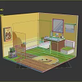 Cartoon Bathroom Scene With Yellow Walls Tiles Bathtub Sink Toilet Smiley Rug Plant And