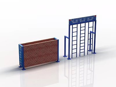 Blue Framed Brick Wall And Metal Ladder Structure As Training Obstacle 3d model