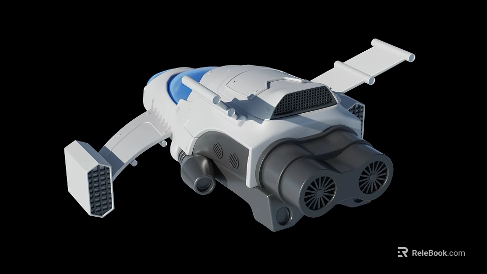 White And Blue Mechanical Art Installation With Propellers Wings And Support Structures 3d model