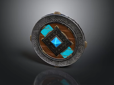 Decorative Circular Ornament With Blue Gemstone Inlaid Wooden Center And Metallic Rim 3d model