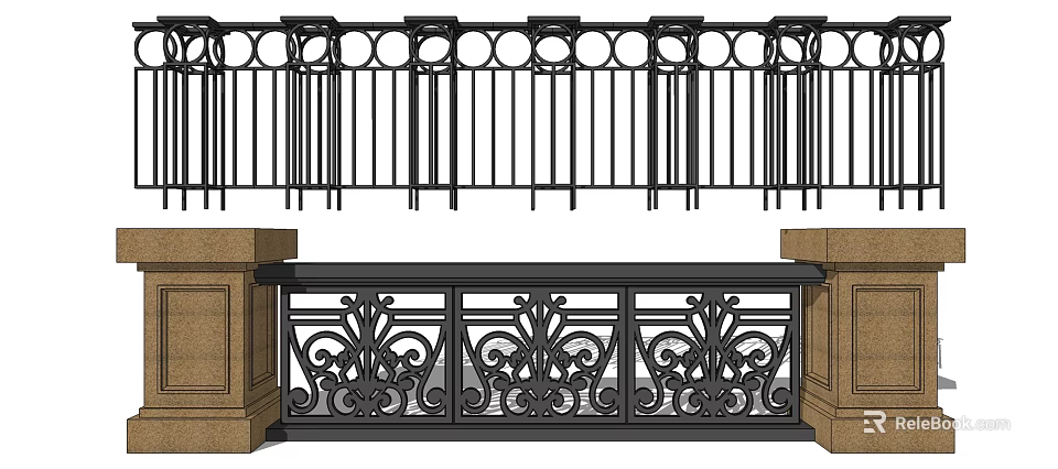 Decorative Metal Railings With Intricate Patterns And Circular Designs On Stone Bases 3d model 