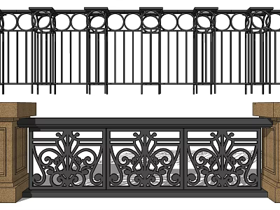 Decorative Metal Railings With Intricate Patterns And Circular Designs On Stone Bases 3d model