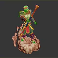 Mythical Armored Man With Red Hair Holding Golden Staff On Cloud Base