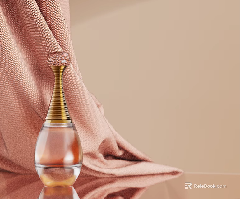 Elegant Fragrance Perfume Bottle With Transparent Body And Golden Neck On Pink Fabric Beige Background 3d model 