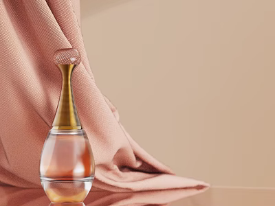Elegant Fragrance Perfume Bottle With Transparent Body And Golden Neck On Pink Fabric Beige Background 3d model