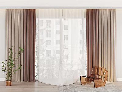 Elegant Curtains By Window With Wooden Rocking Chair Tall Plant And Rug On Wooden Floor 3d model