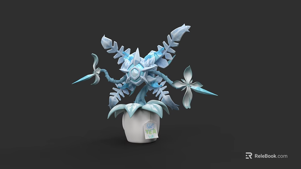 3D Character Biological Creature with Blue White Leaves Flowers and Label in White Pot 3d model 