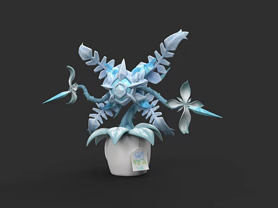 3D Character Biological Creature with Blue White Leaves Flowers and Label in White Pot 3d model