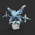 3D Character Biological Creature with Blue White Leaves Flowers and Label in White Pot