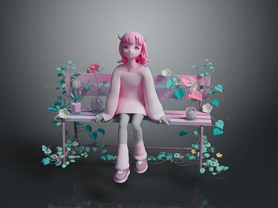 Pink Haired Character Sitting On Pink Bench With Green Vines Flowers And Butterflies 3d model