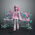 Pink Haired Character Sitting On Pink Bench With Green Vines Flowers And Butterflies