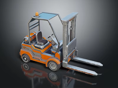 Orange Industrial Forklift With Metal Cab And Front Forks On Black Surface 3d model