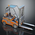 Orange Industrial Forklift With Metal Cab And Front Forks On Black Surface