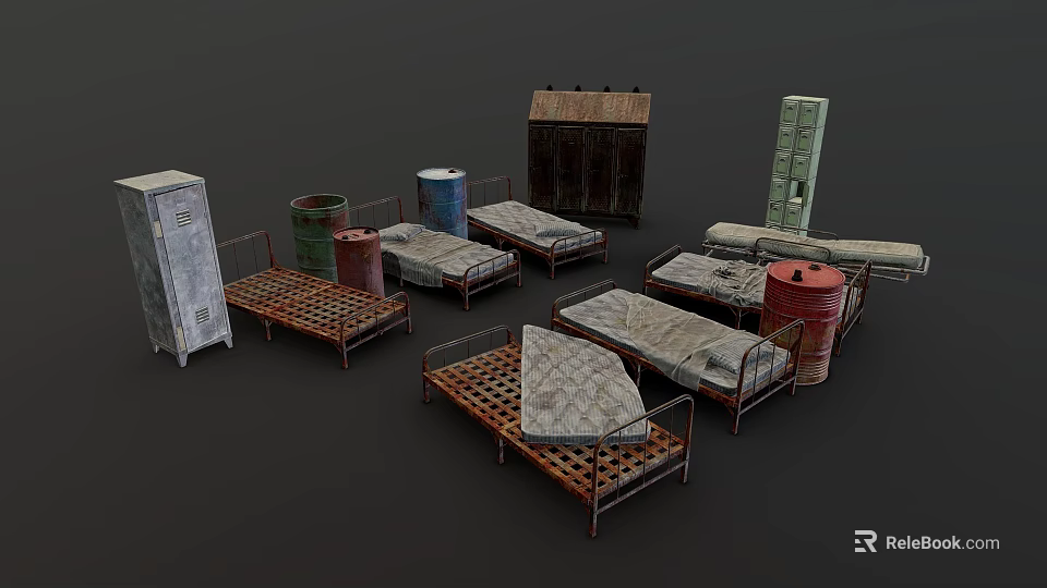 Vintage Metal Beds And Old Cabinets With Red Barrels In Furniture Arrangement 3d model 