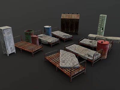 Vintage Metal Beds And Old Cabinets With Red Barrels In Furniture Arrangement 3d model