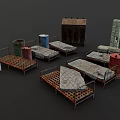 Vintage Metal Beds And Old Cabinets With Red Barrels In Furniture Arrangement