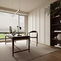 Minimalist Modern Study Room Interior With Wooden Desk Chair Bookshelf And Indoor Plant