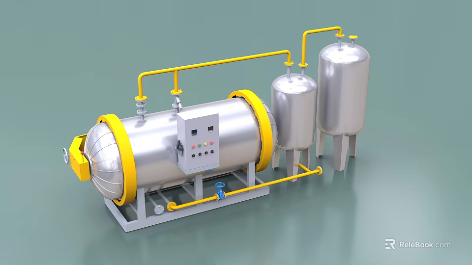 Industrial Equipment With Large Cylindrical Tank Smaller Tanks Yellow Pipelines And Control Panel 3d model 