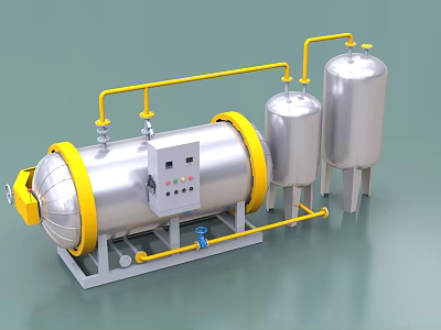 Industrial Equipment With Large Cylindrical Tank Smaller Tanks Yellow Pipelines And Control Panel 3d model