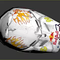 White Motorcycle Helmet With Red Bull Fox Logos Black Goggles And Racing Graphics
