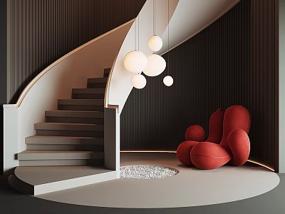 Spiral Staircase with Black Striped Walls Red Curved Sofa White Spherical Lights and Pebble Floor 3d model