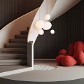 Spiral Staircase with Black Striped Walls Red Curved Sofa White Spherical Lights and Pebble Floor